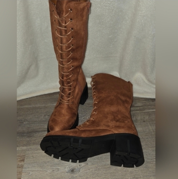 TINSTREE Women's Knee High Platform Boots Leather Lace Up Combat Booties,Sz 9 - Picture 5 of 9